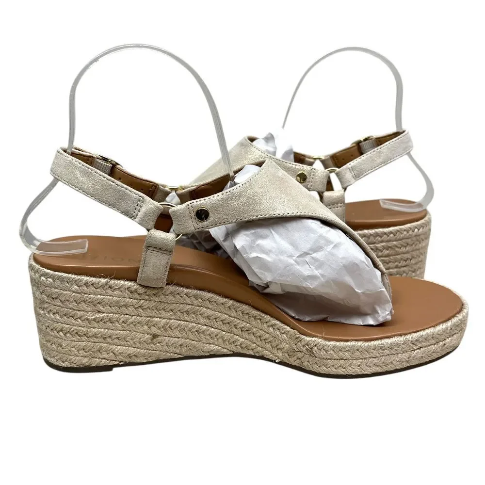 Vionic Women Kirra Espadrille Wedge Sandals‎ Thong Strap Cream Metallic Gold 9.5